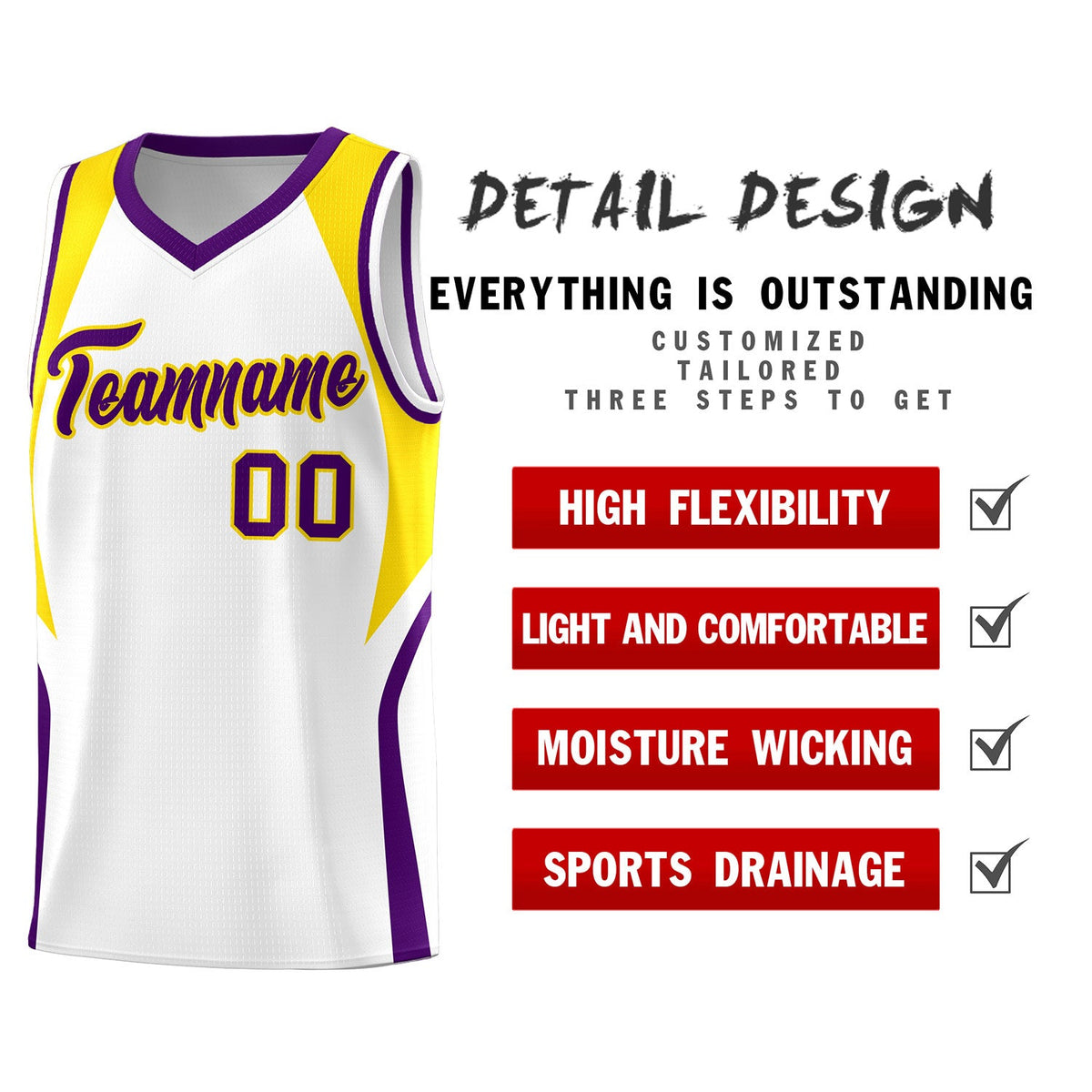 Custom White Gold and Purple Color Block Sports Uniform Basketball Jersey