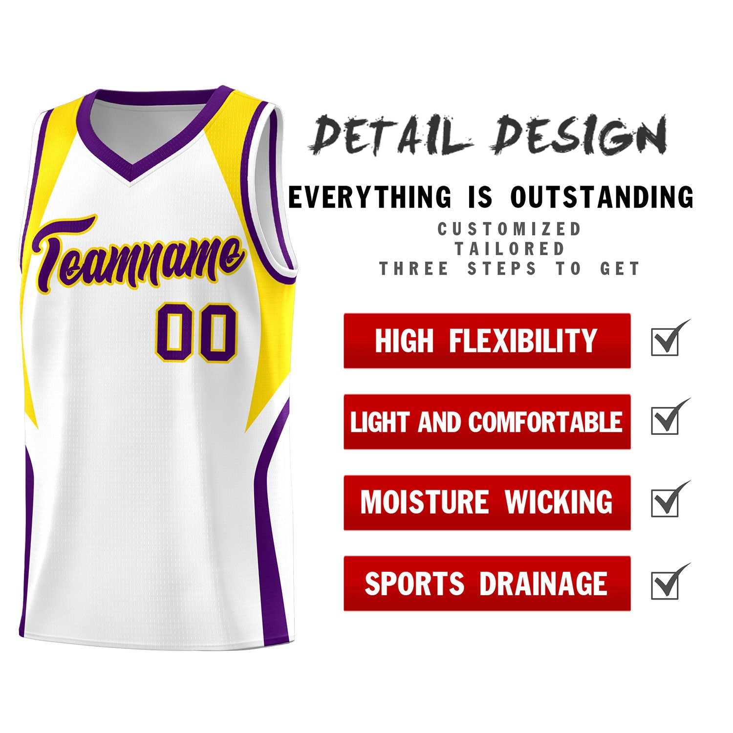 Custom White Gold and Purple Color Block Sports Uniform Basketball Jersey