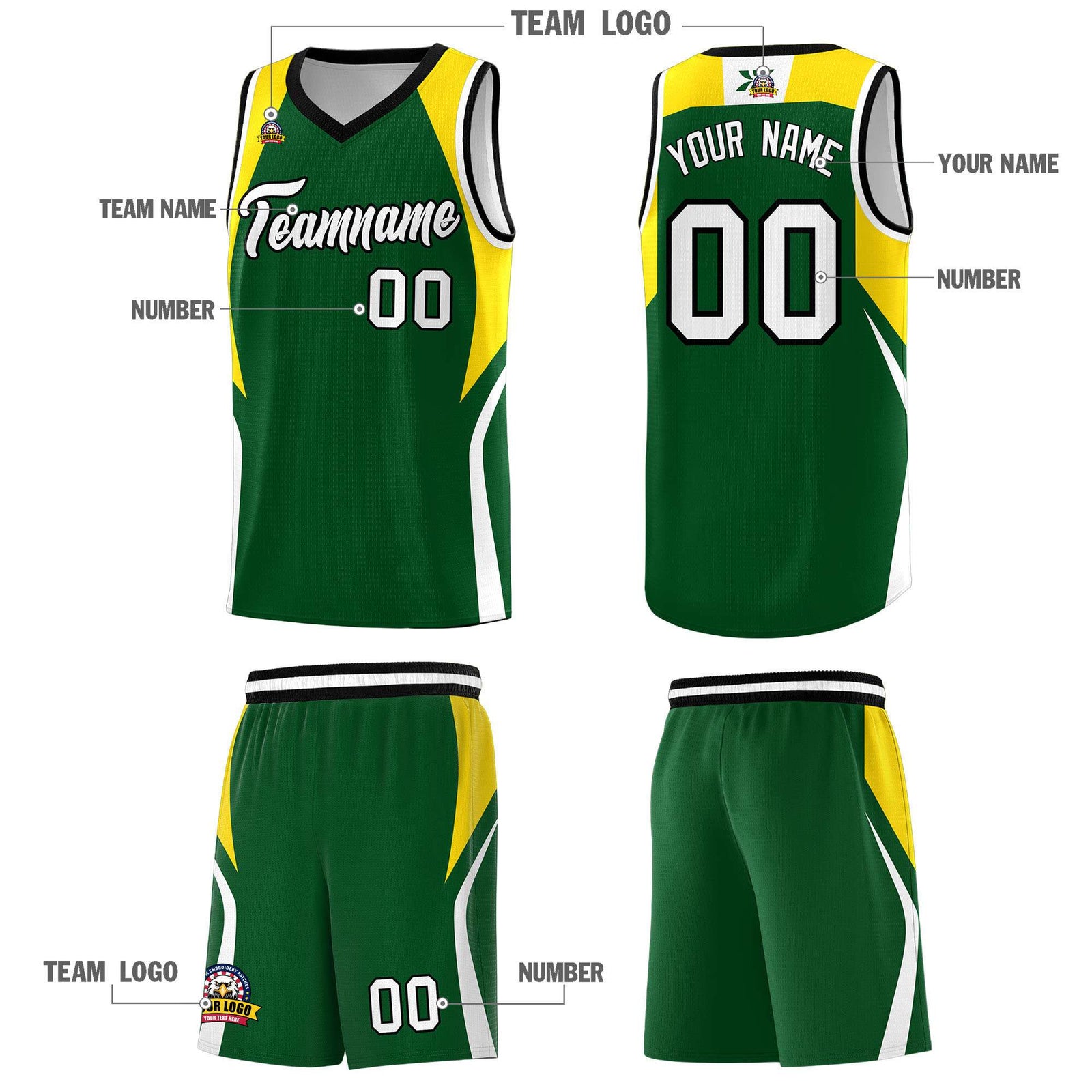 Custom Hunter Green Gold and White Color Block Sports Uniform Basketball Jersey