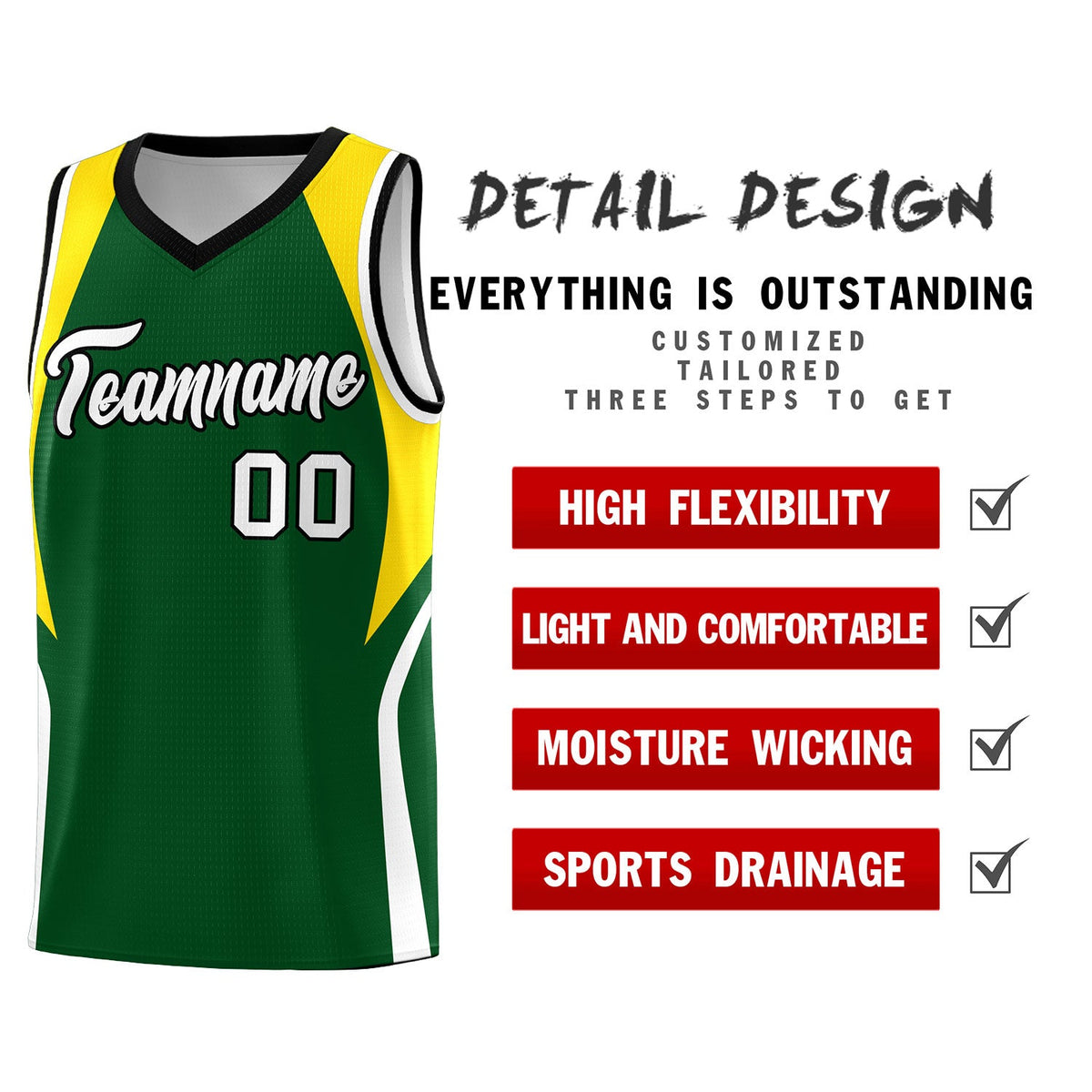 Custom Hunter Green Gold and White Color Block Sports Uniform Basketball Jersey