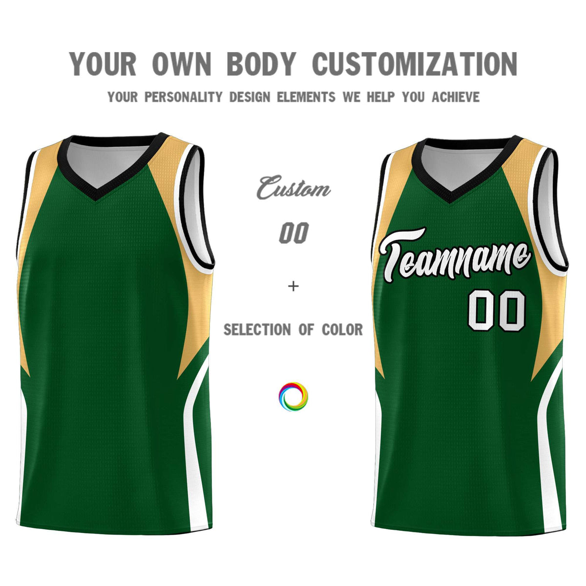 Custom Green Buckskin Brown and White Color Block Sports Uniform Basketball Jersey
