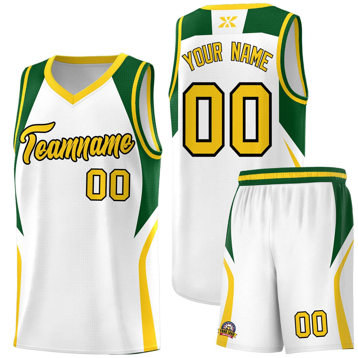 Custom White Hunter Green and Gold Color Block Sports Uniform Basketball Jersey