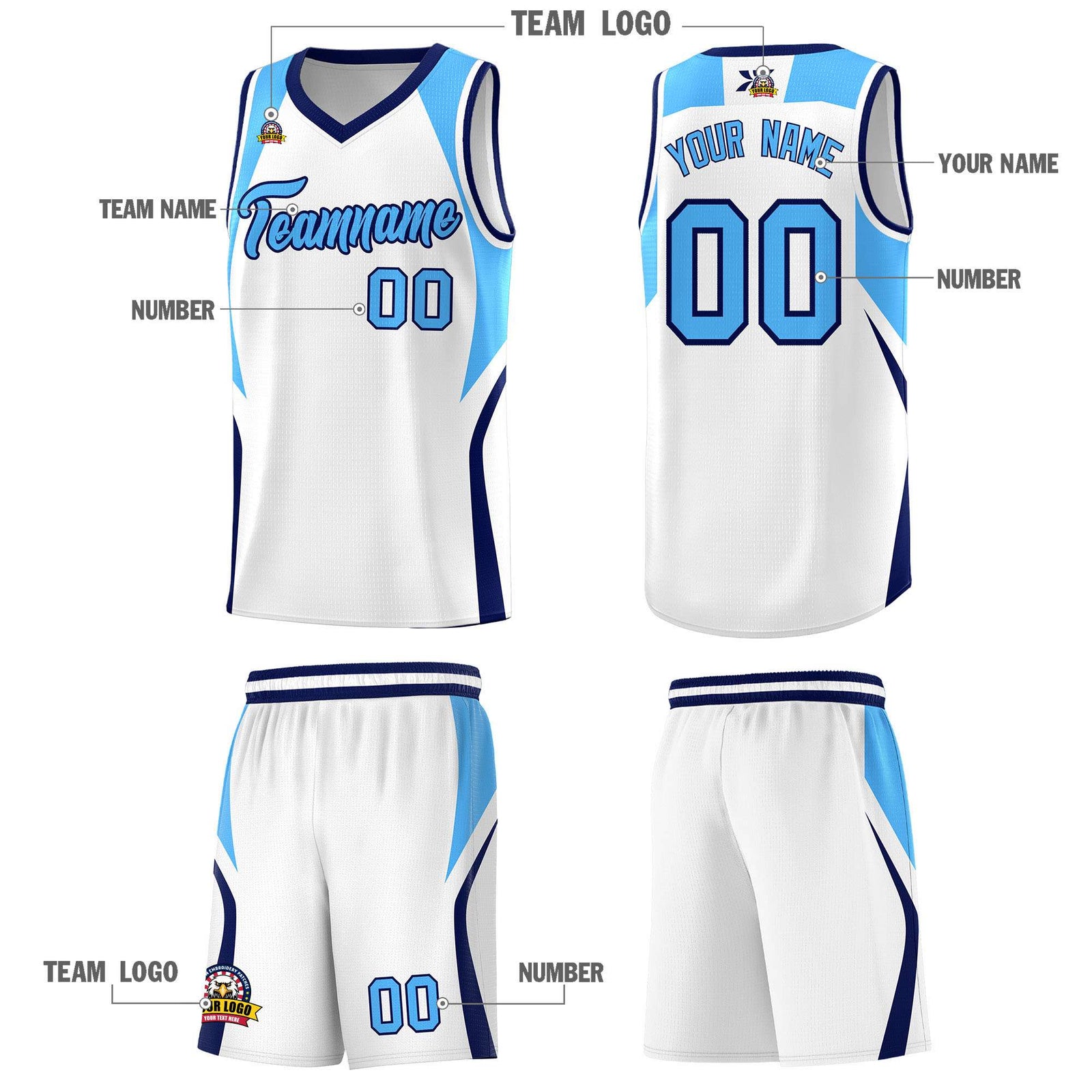 Custom White Powder Blue and Navy Color Block Sports Uniform Basketball Jersey