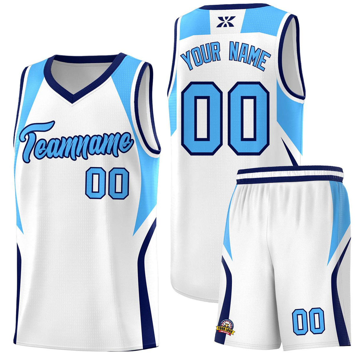 Custom White Powder Blue and Navy Color Block Sports Uniform Basketball Jersey