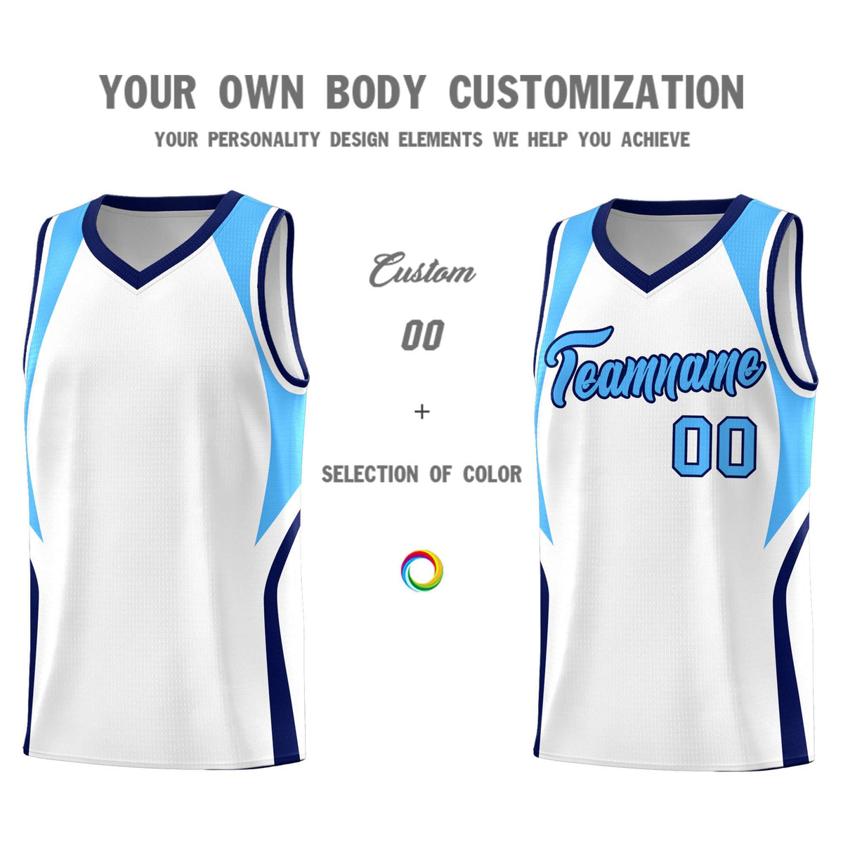 Custom White Powder Blue and Navy Color Block Sports Uniform Basketball Jersey