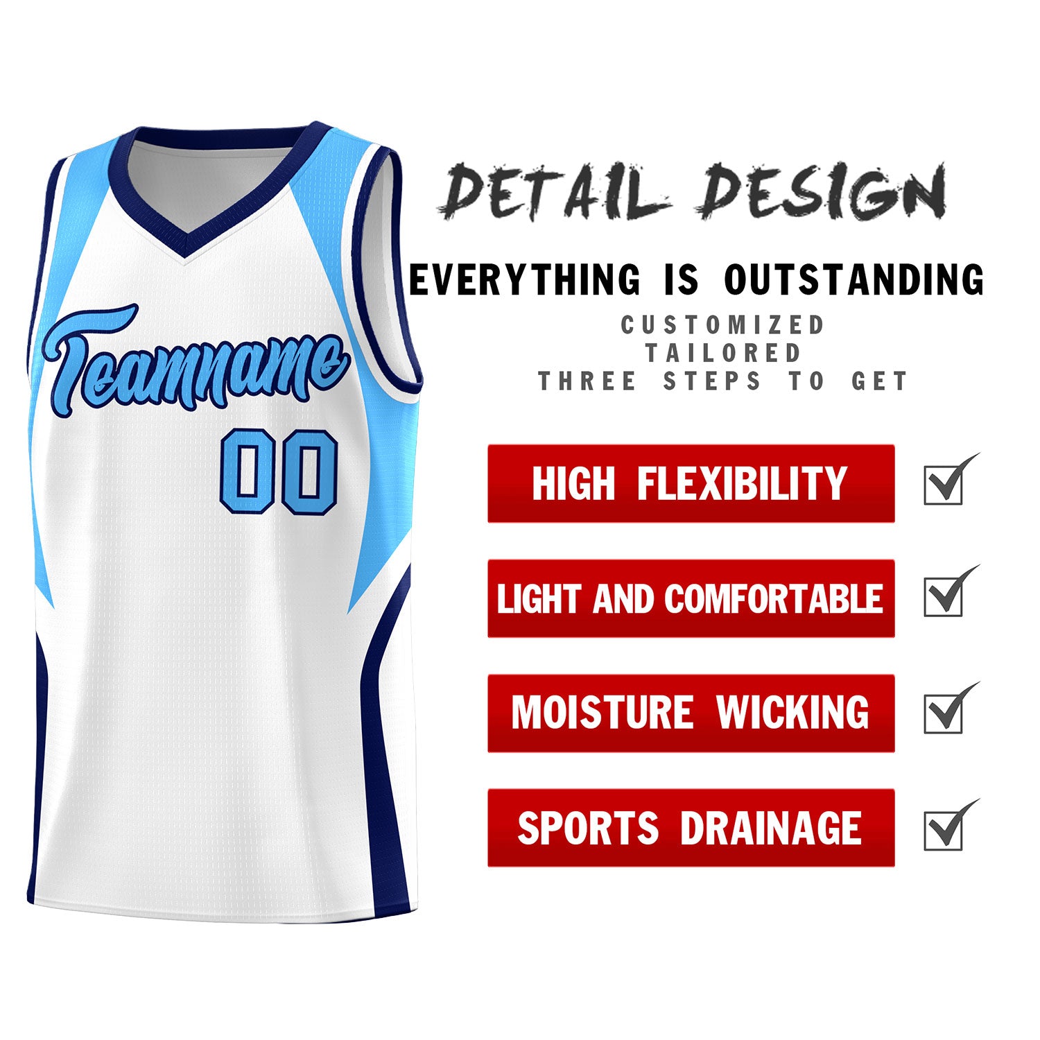 Custom White Powder Blue and Navy Color Block Sports Uniform Basketball Jersey