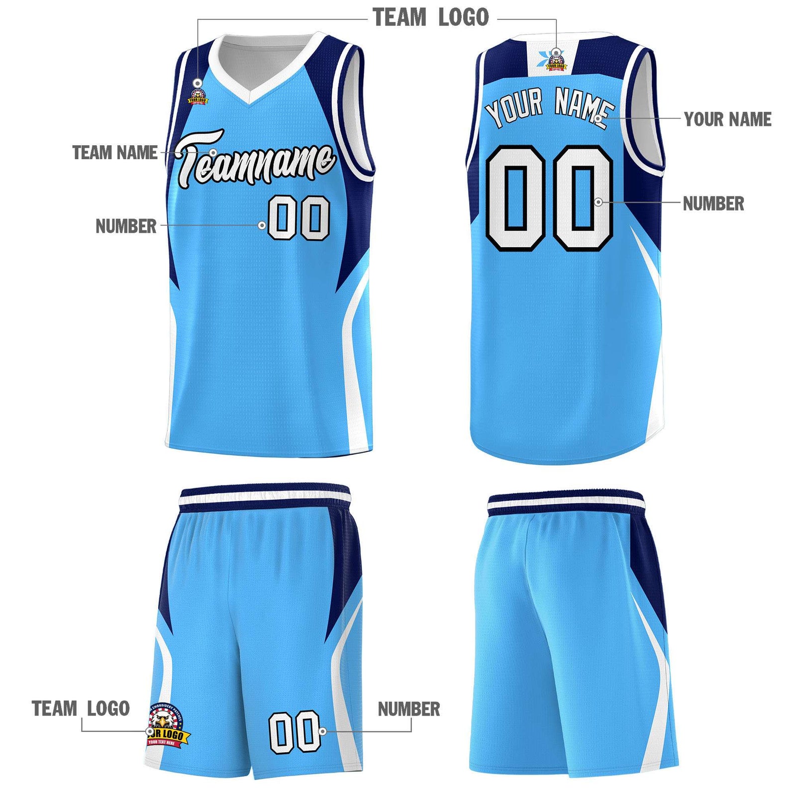 Custom Powder Blue Navy and White Color Block Sports Uniform Basketball Jersey