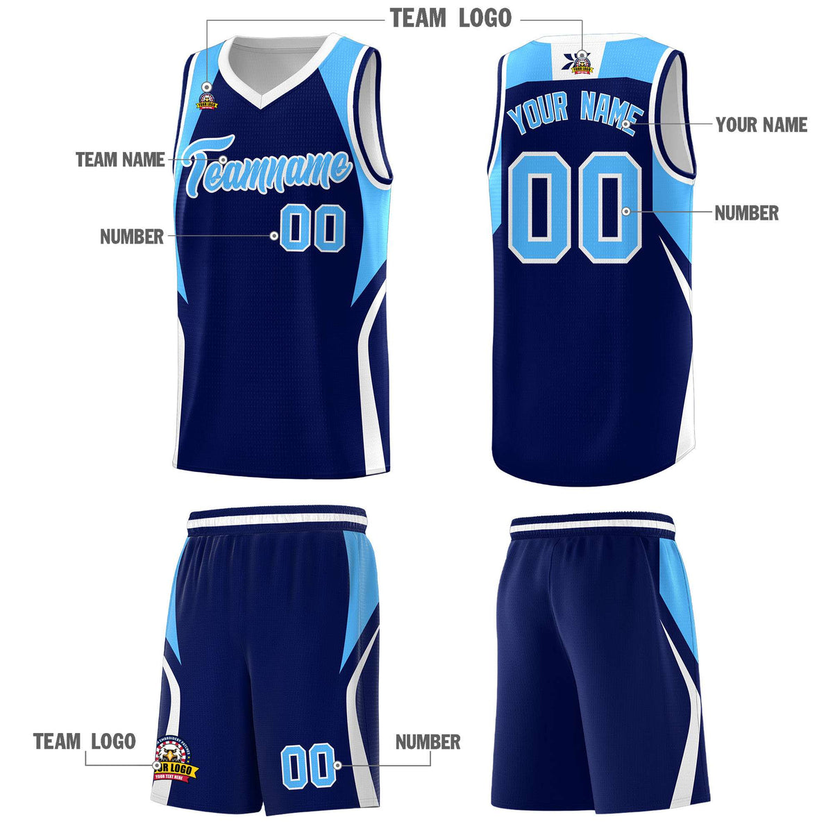 Custom Navy Powder Blue and White Color Block Sports Uniform Basketball Jersey