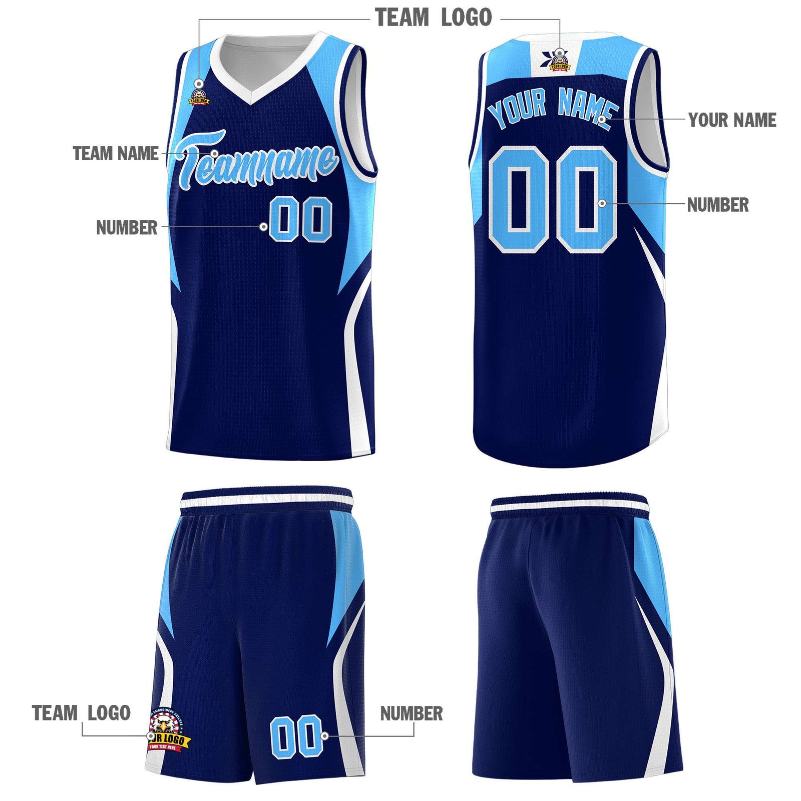 Custom Navy Powder Blue and White Color Block Sports Uniform Basketball Jersey