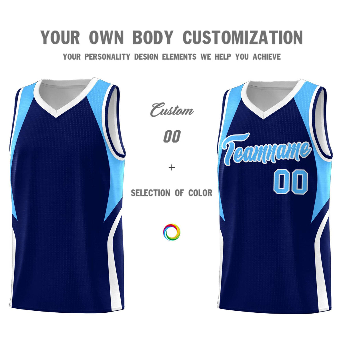 Custom Navy Powder Blue and White Color Block Sports Uniform Basketball Jersey
