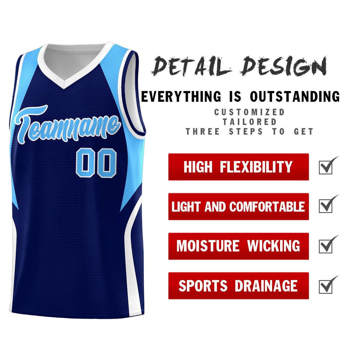 Custom Navy Powder Blue and White Color Block Sports Uniform Basketball Jersey