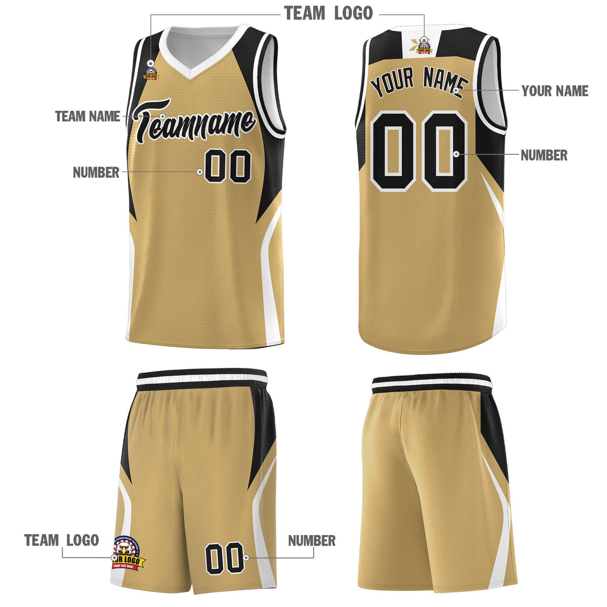 Custom Old Gold Black and White Color Block Sports Uniform Basketball Jersey
