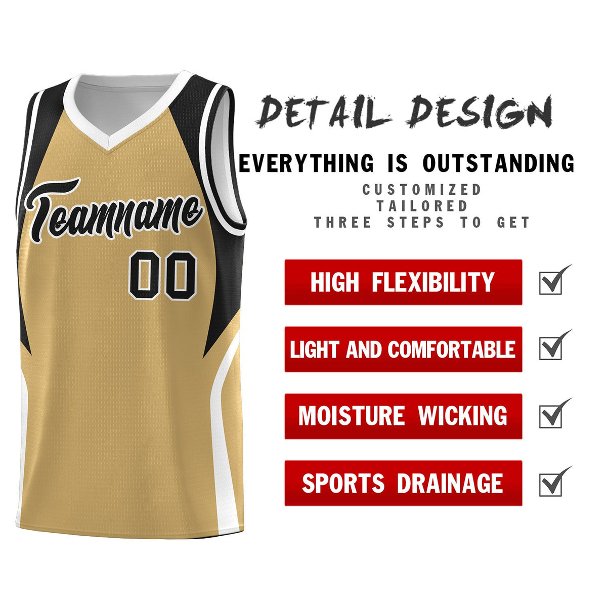 Custom Old Gold Black and White Color Block Sports Uniform Basketball Jersey