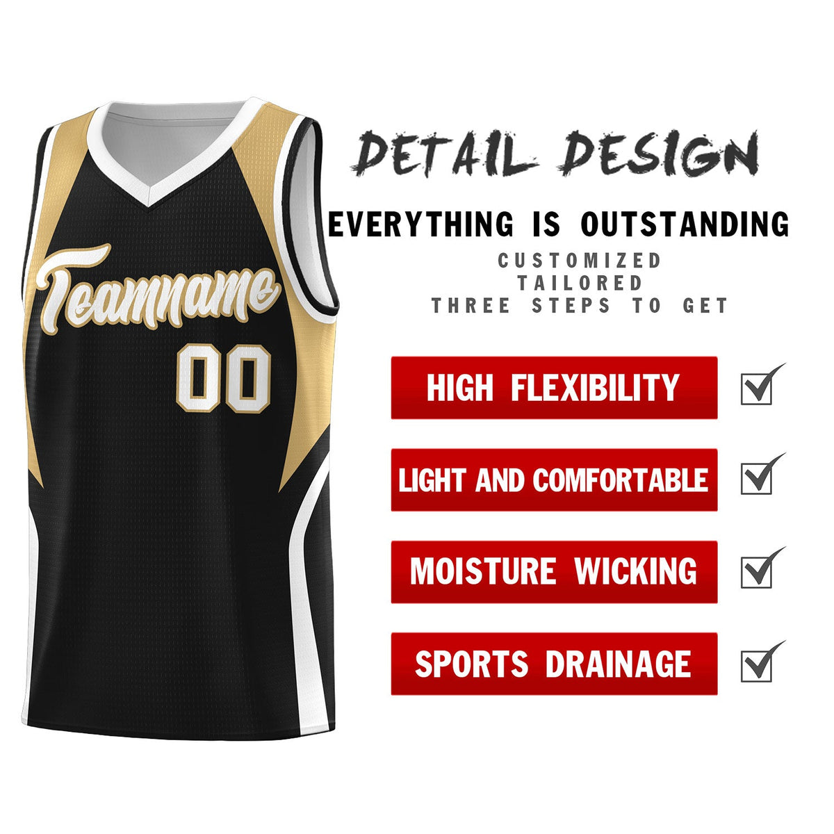 Custom Black Old Gold and White Color Block Sports Uniform Basketball Jersey