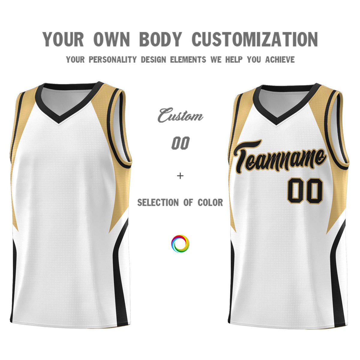 Custom White Old Gold and Black Color Block Sports Uniform Basketball Jersey