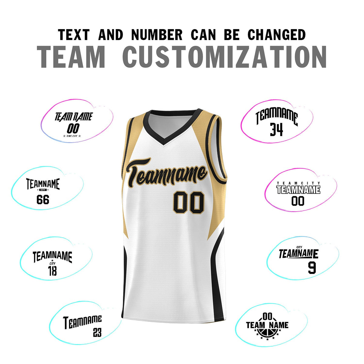 Custom White Old Gold and Black Color Block Sports Uniform Basketball Jersey