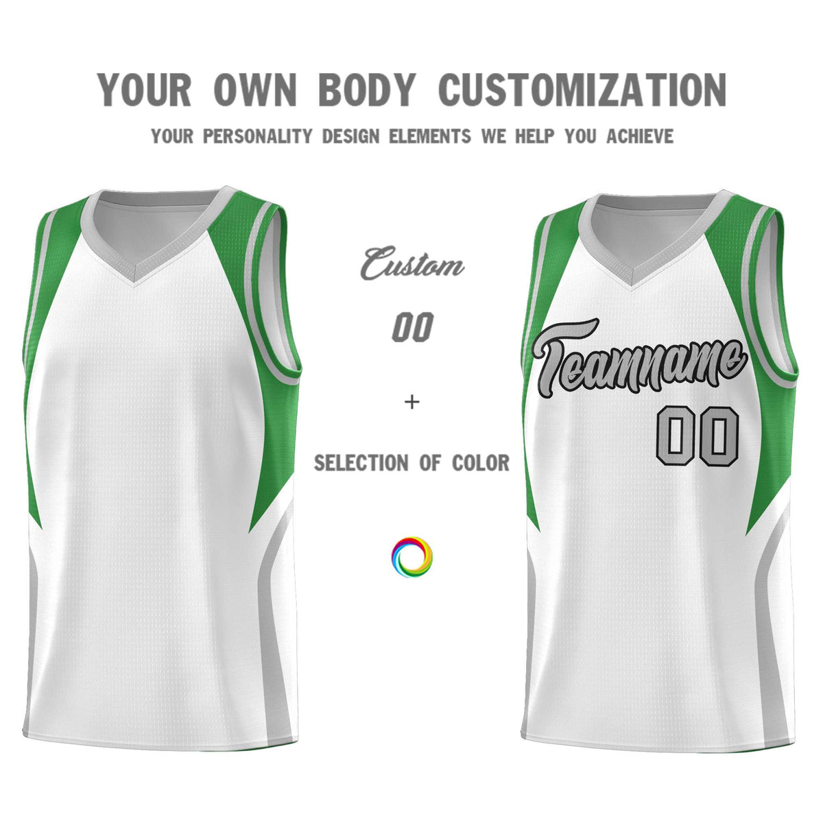Custom White Green and Gray Color Block Sports Uniform Basketball Jersey