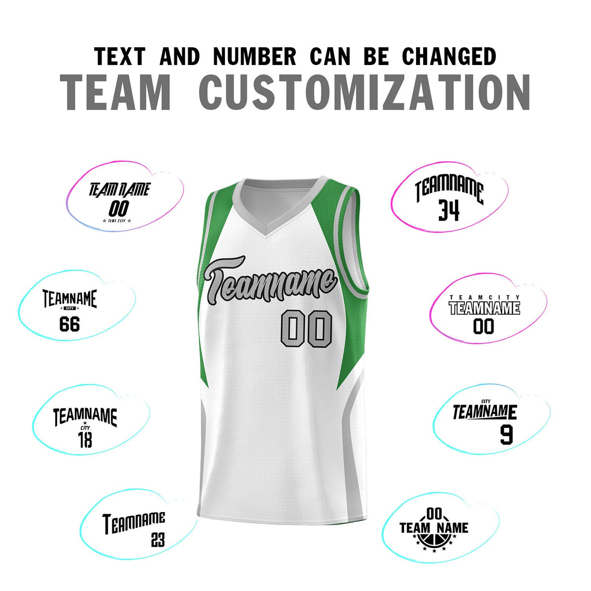 Custom White Green and Gray Color Block Sports Uniform Basketball Jersey