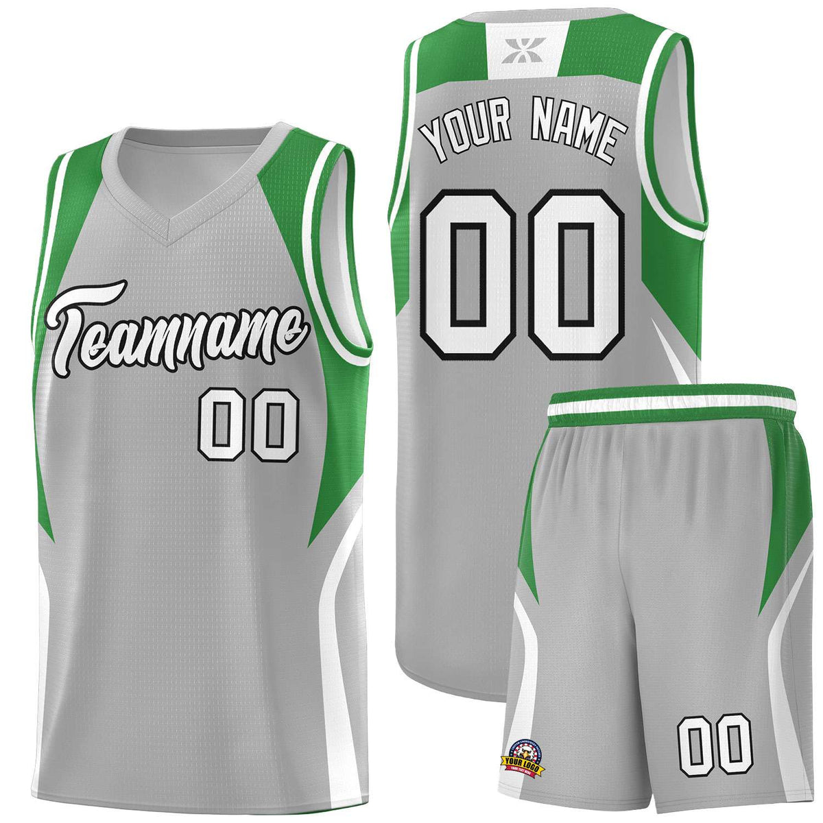 Custom Gray Green and White Color Block Sports Uniform Basketball Jersey