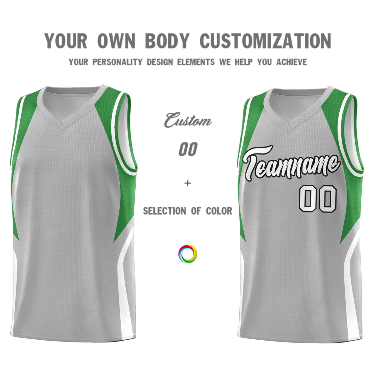 Custom Gray Green and White Color Block Sports Uniform Basketball Jersey