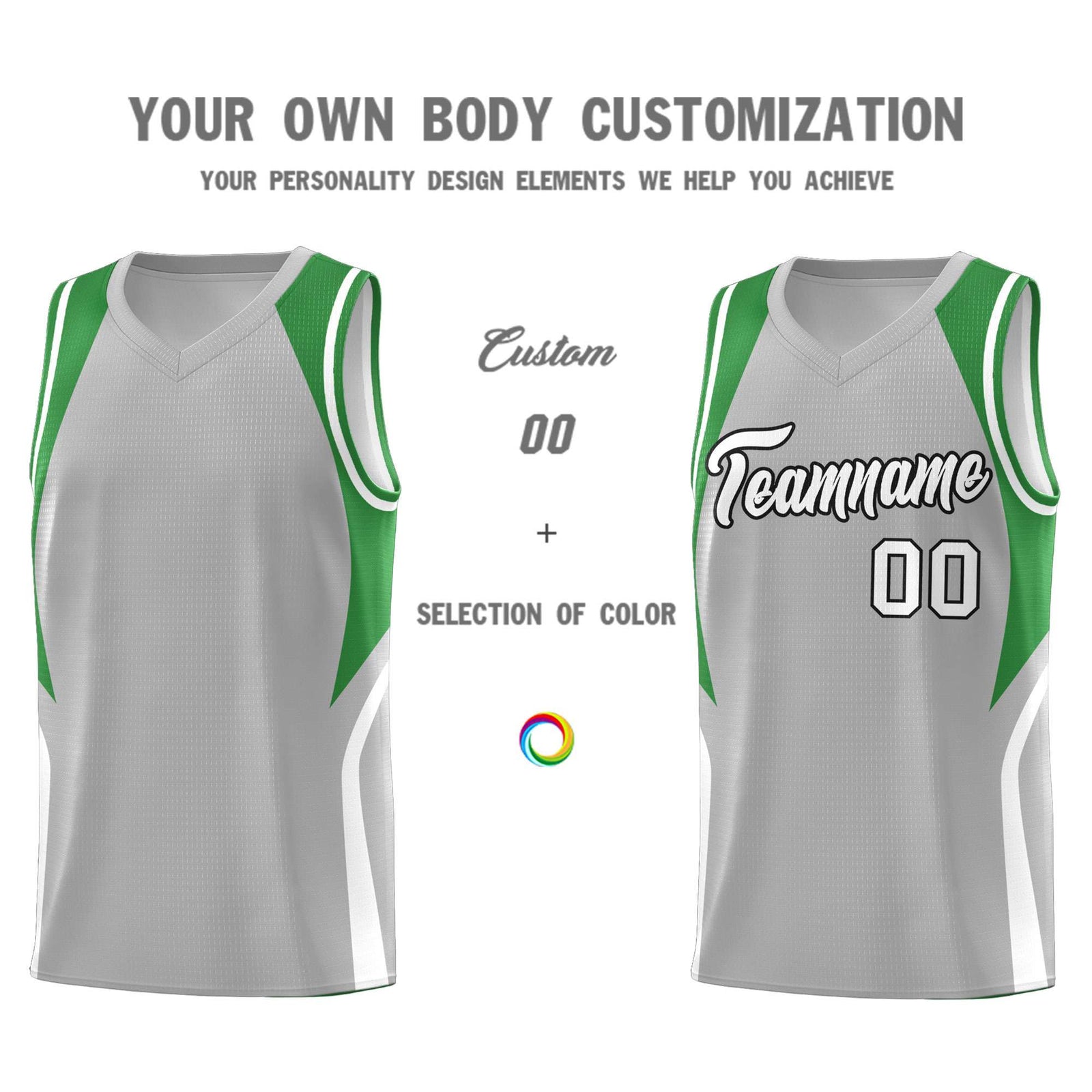 Custom Gray Green and White Color Block Sports Uniform Basketball Jersey
