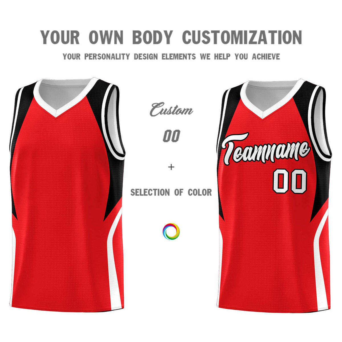 Custom Red Black and White Color Block Sports Uniform Basketball Jersey