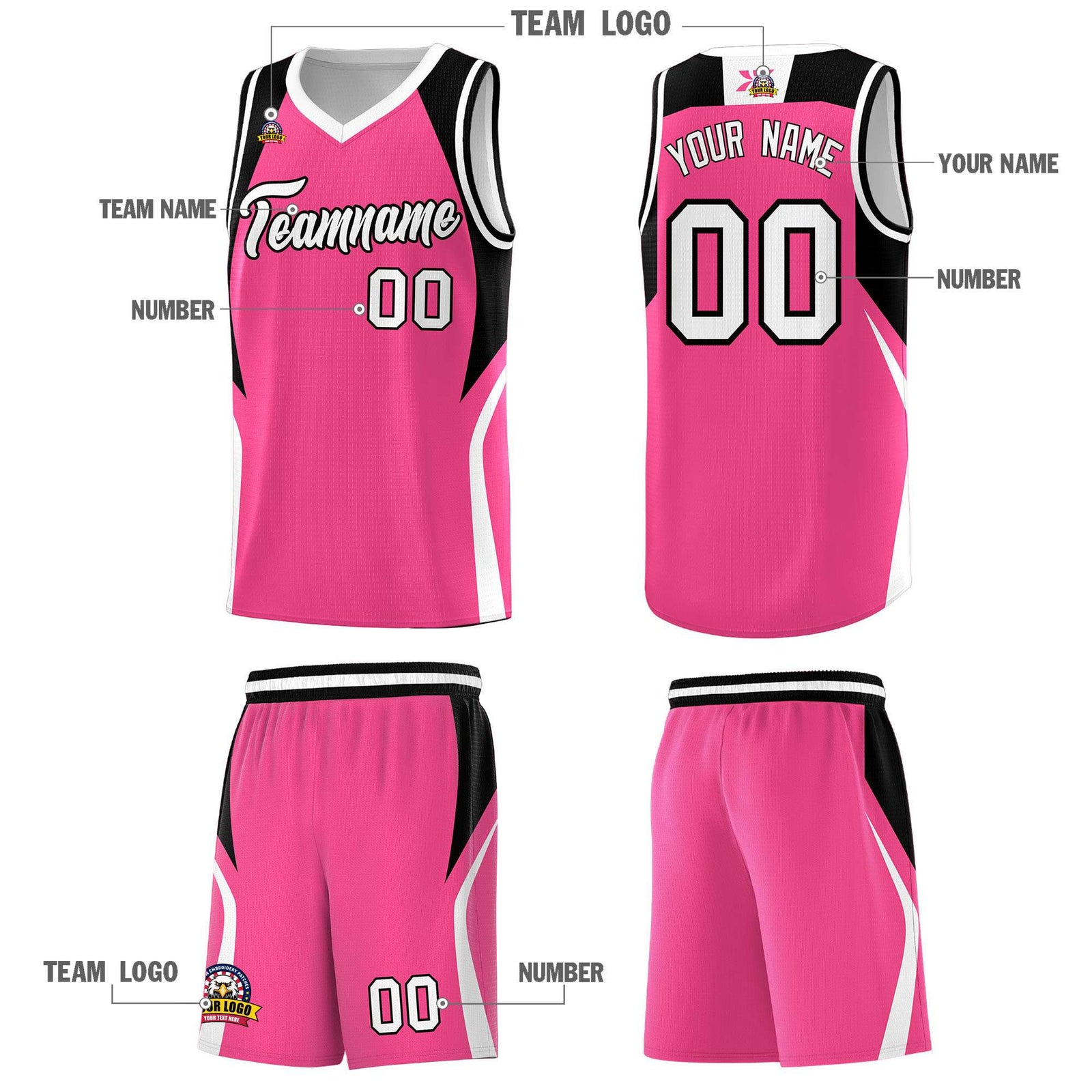 Custom Pink Black and White Color Block Sports Uniform Basketball Jersey