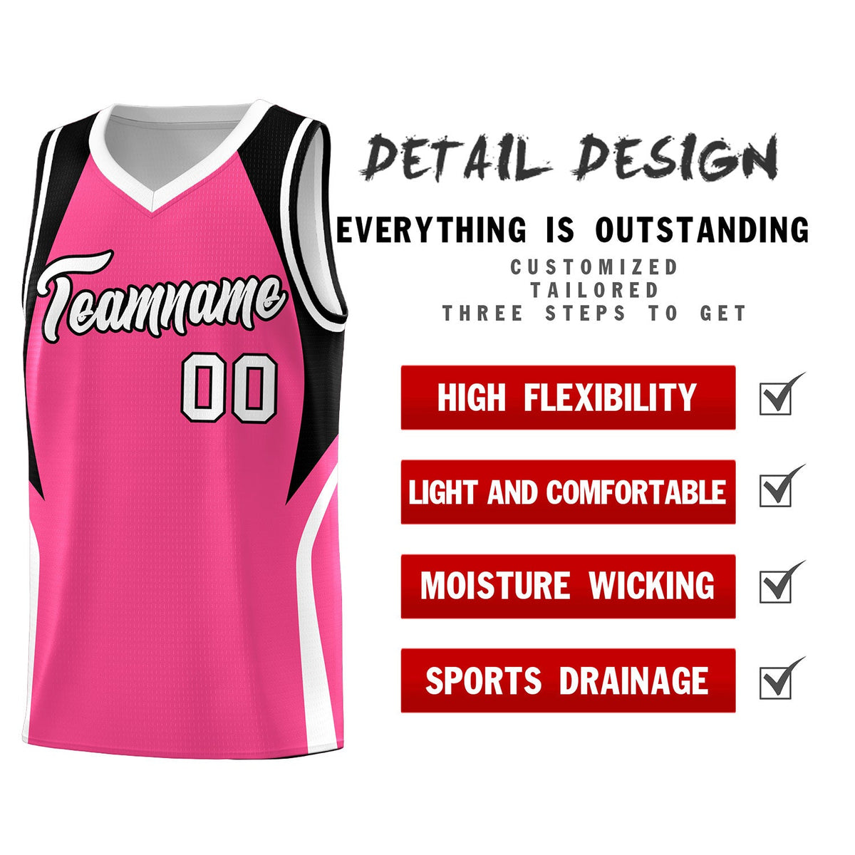 Custom Pink Black and White Color Block Sports Uniform Basketball Jersey