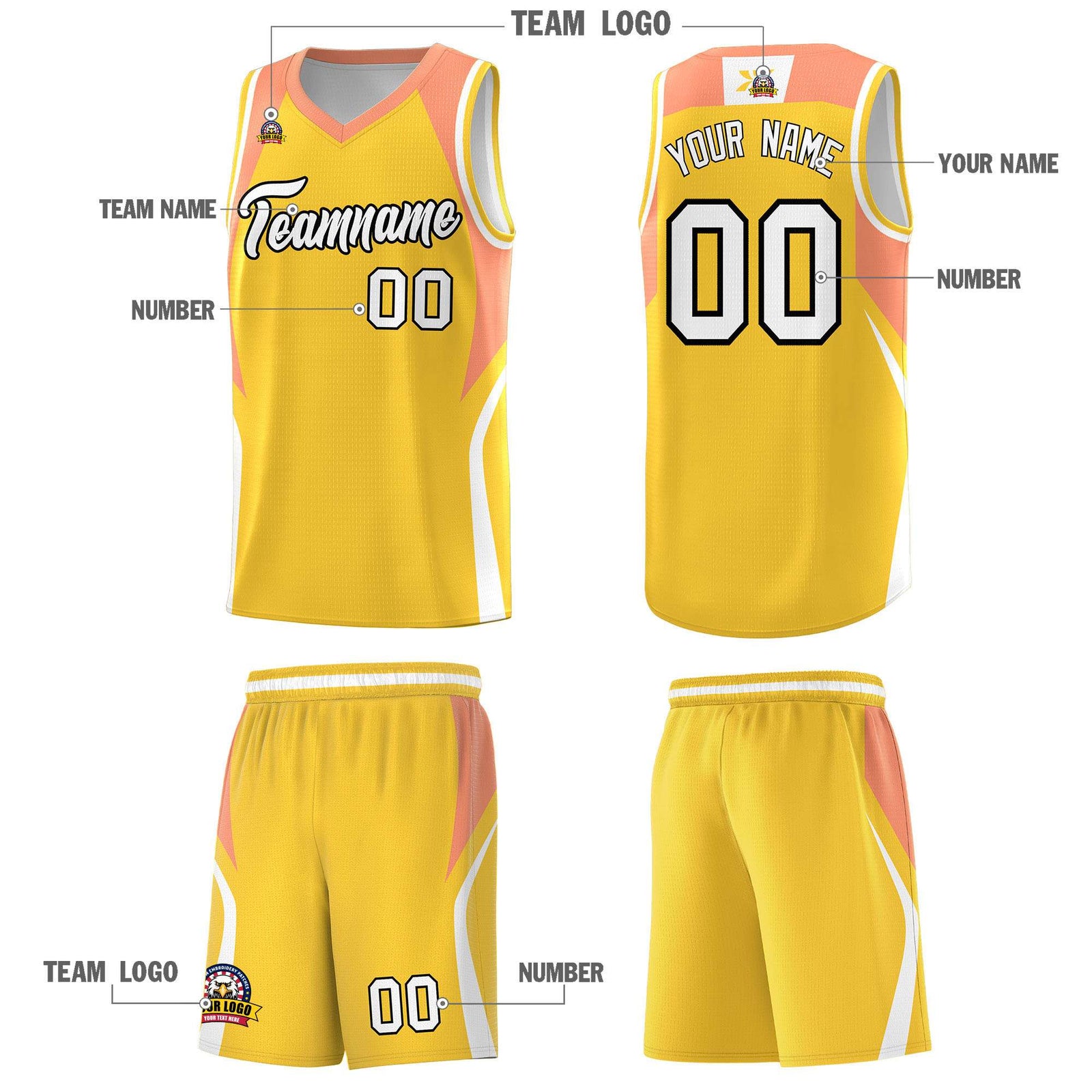 Custom Gold Orange and White Color Block Sports Uniform Basketball Jersey