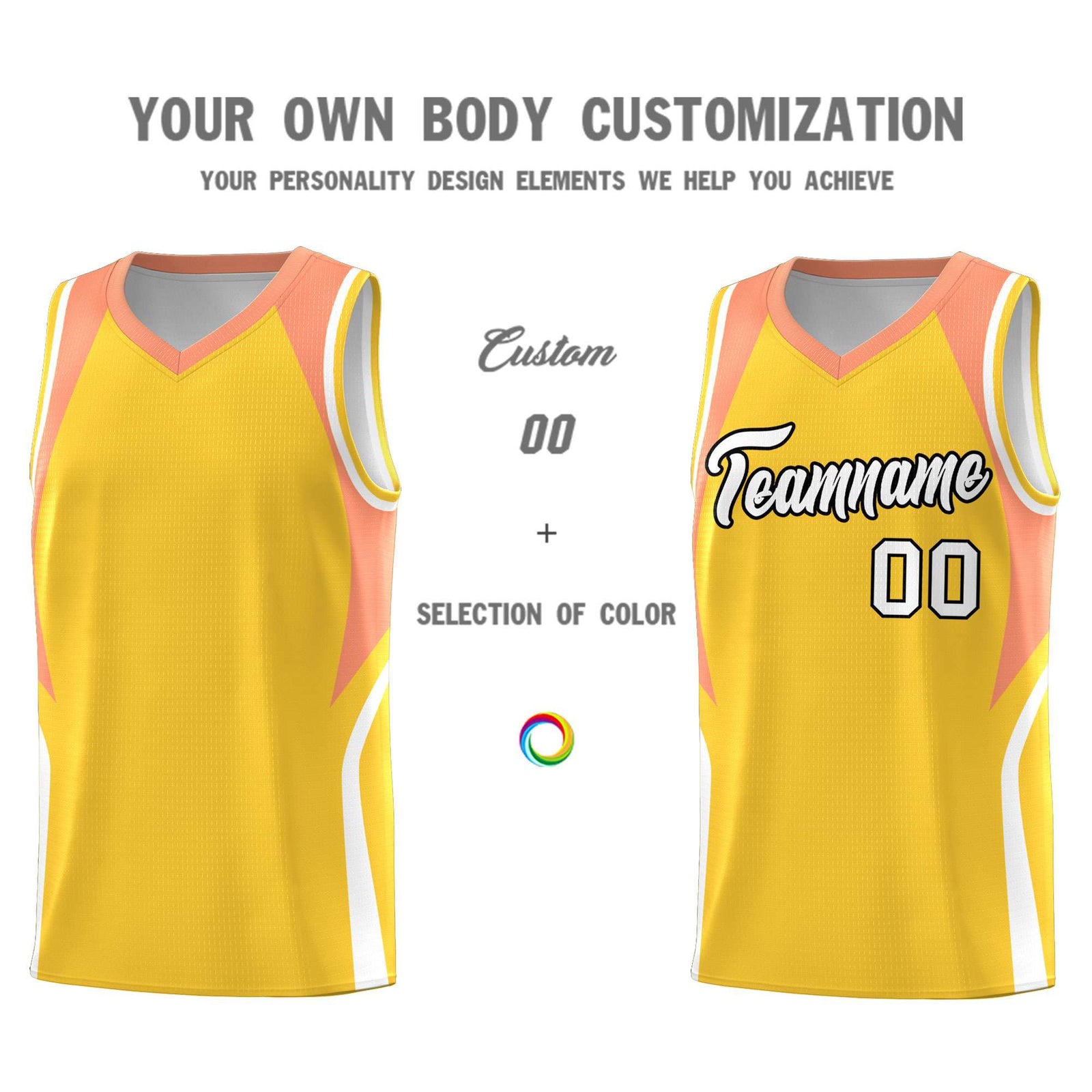 Custom Gold Orange and White Color Block Sports Uniform Basketball Jersey