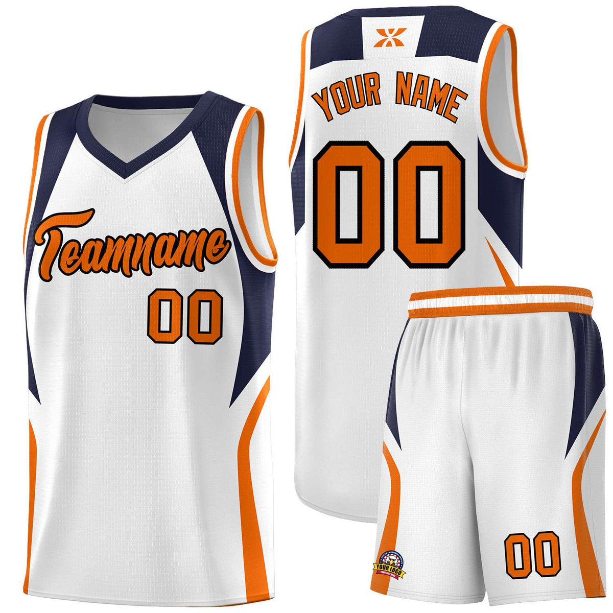 Custom White Navy and Orange Color Block Sports Uniform Basketball Jersey