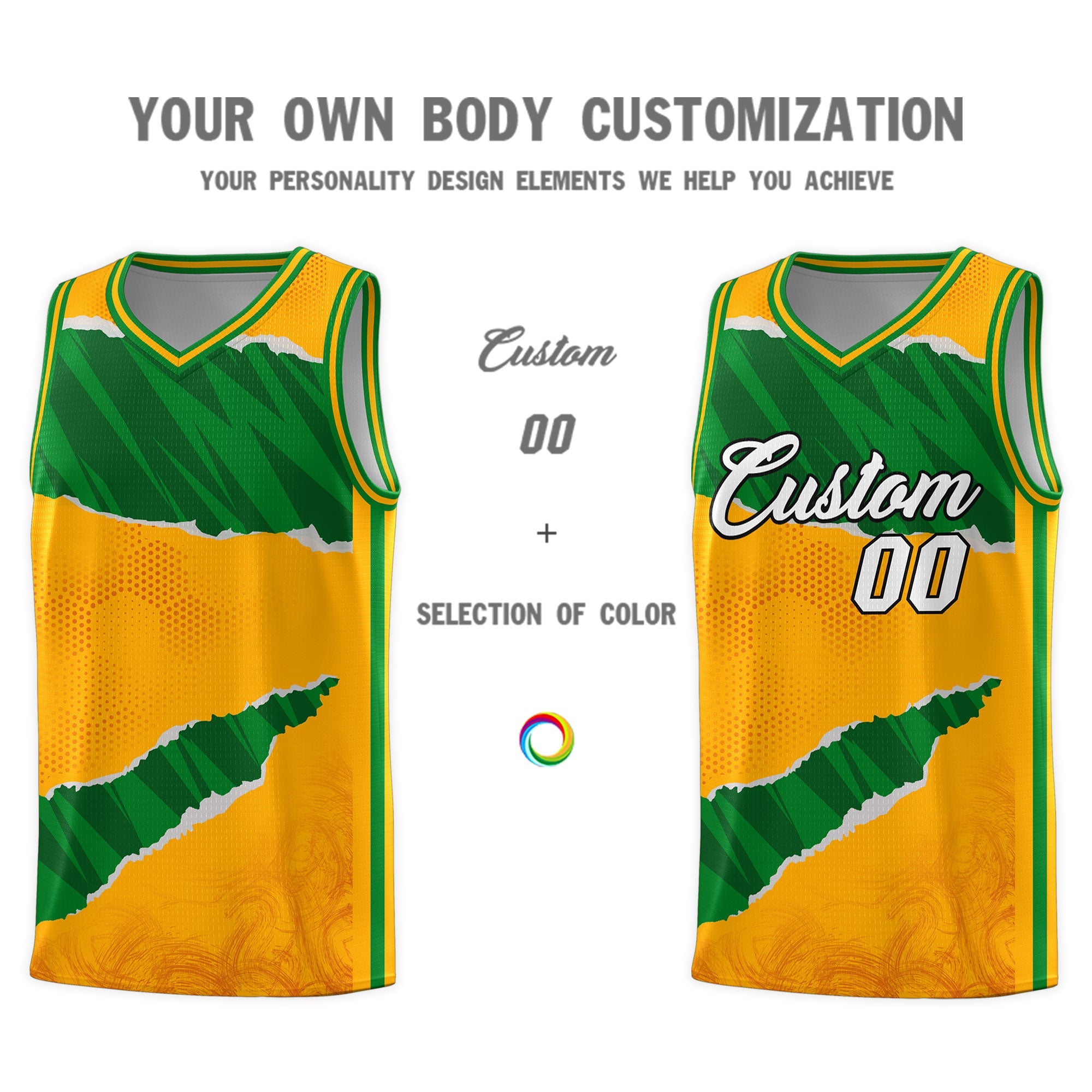 Custom Yellow Kelly Green-Hunter Green Tear Graffiti Pattern Sports Uniform Basketball Jersey