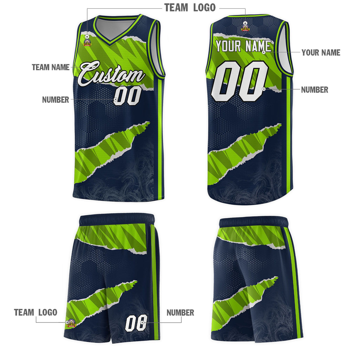 Custom Navy Neon Green-Black Tear Graffiti Pattern Sports Uniform Basketball Jersey