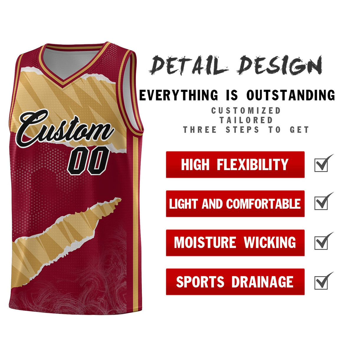 Custom Crimson Old Gold-Old Gold Tear Graffiti Pattern Sports Uniform Basketball Jersey