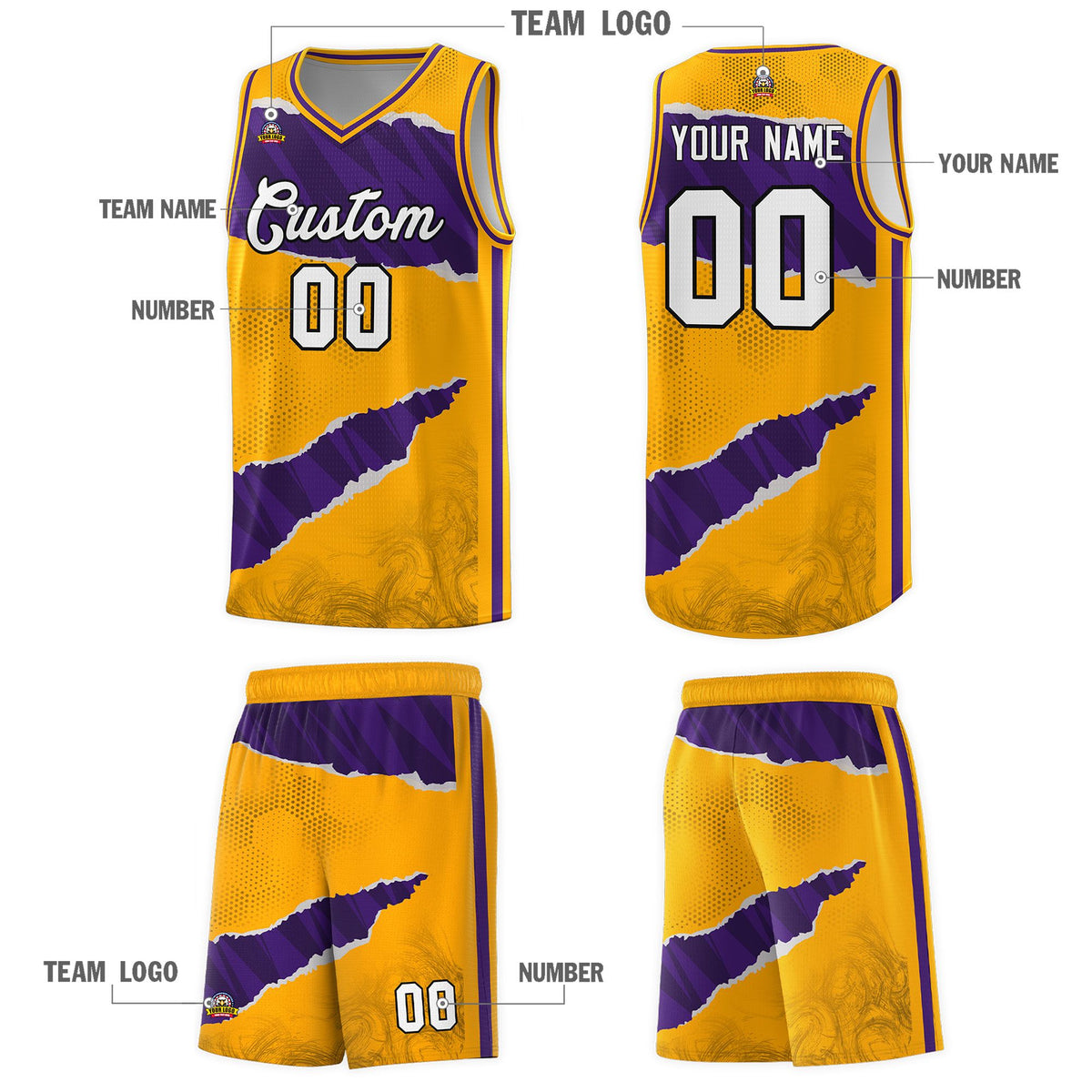 Custom Yellow Purple-Black Tear Graffiti Pattern Sports Uniform Basketball Jersey