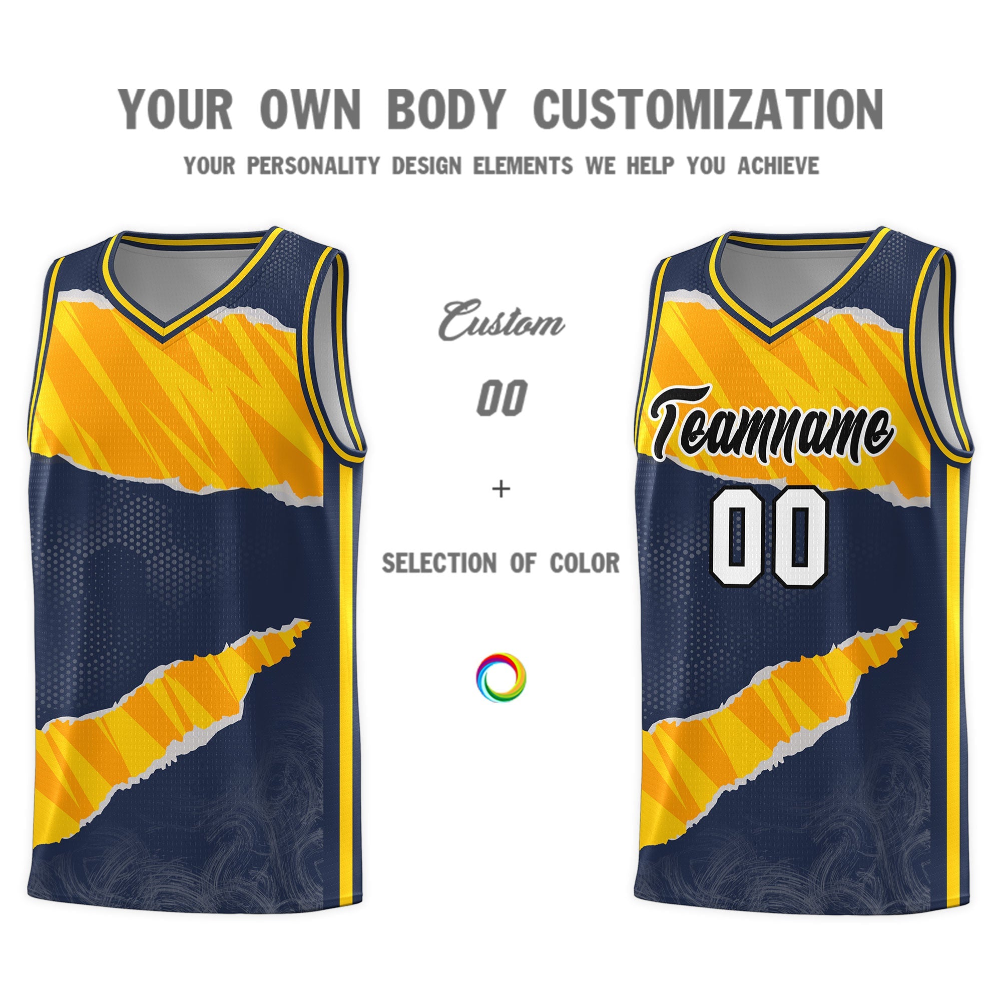Custom Midnight Blue Gold-Orange Tear Graffiti Pattern Sports Uniform Basketball Jersey