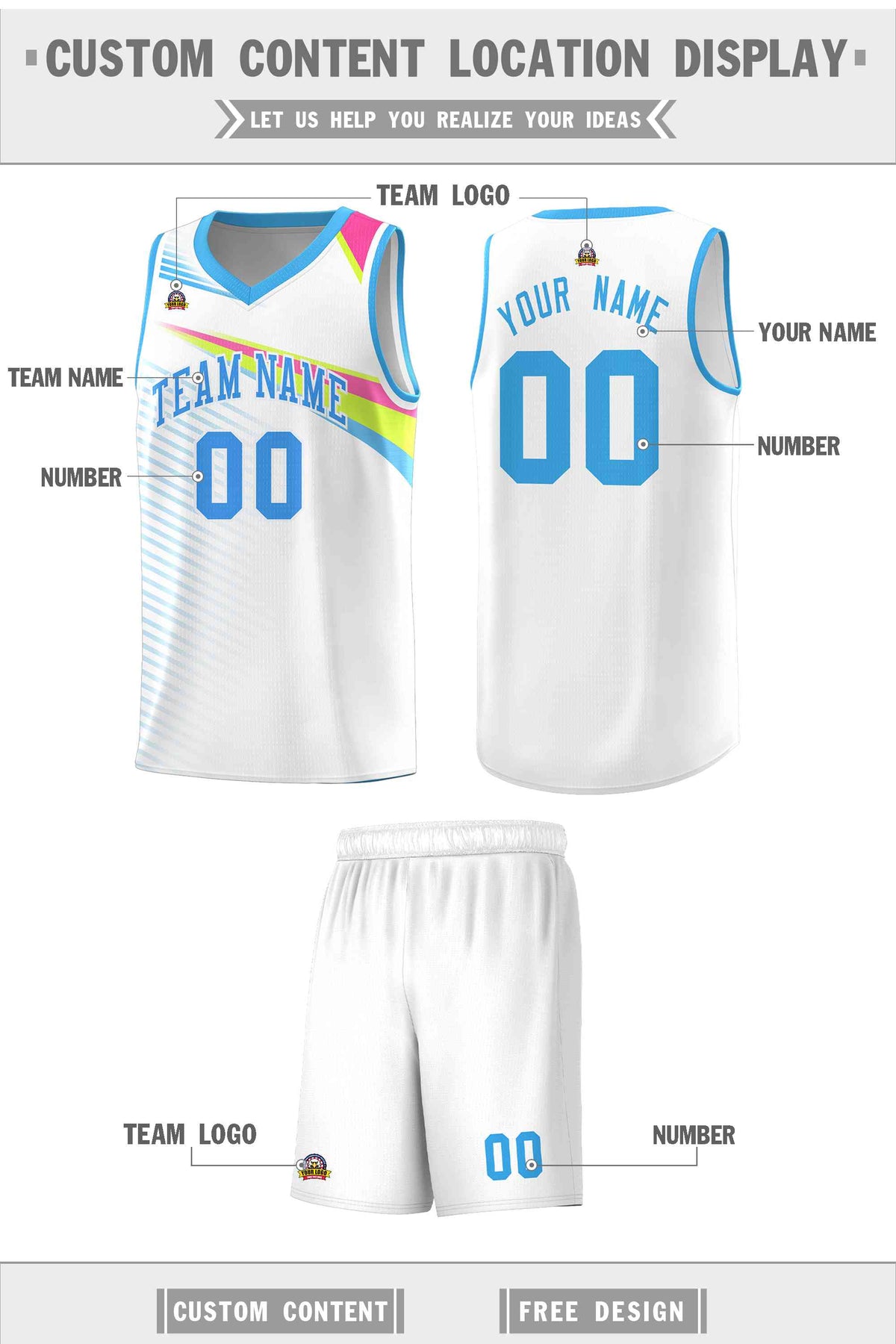 Custom White Powder Blue Chest Color Block Sports Uniform Basketball Jersey