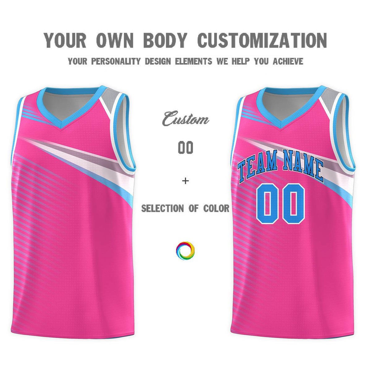 Custom Pink Powder Blue-Navy Chest Color Block Sports Uniform Basketball Jersey