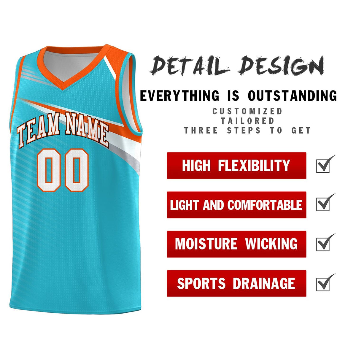 Custom Light Blue White-Orange Chest Color Block Sports Uniform Basketball Jersey
