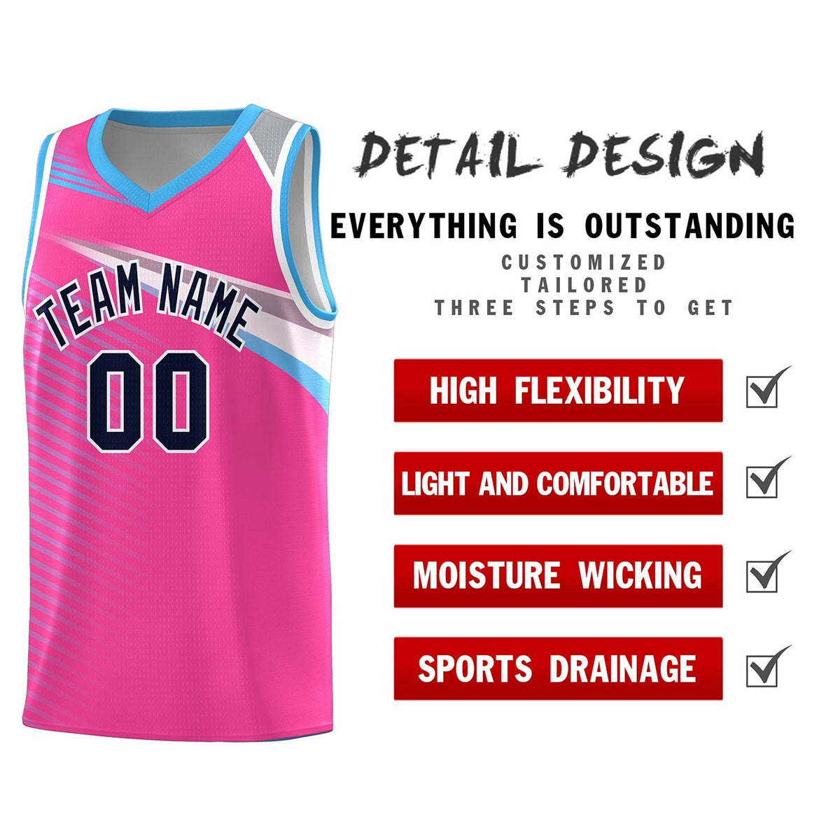 Custom Pink Navy-White Chest Color Block Sports Uniform Basketball Jersey