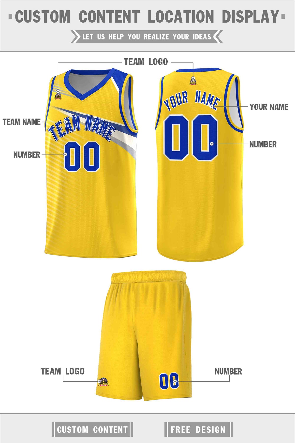 Custom Gold Royal-White Chest Color Block Sports Uniform Basketball Jersey