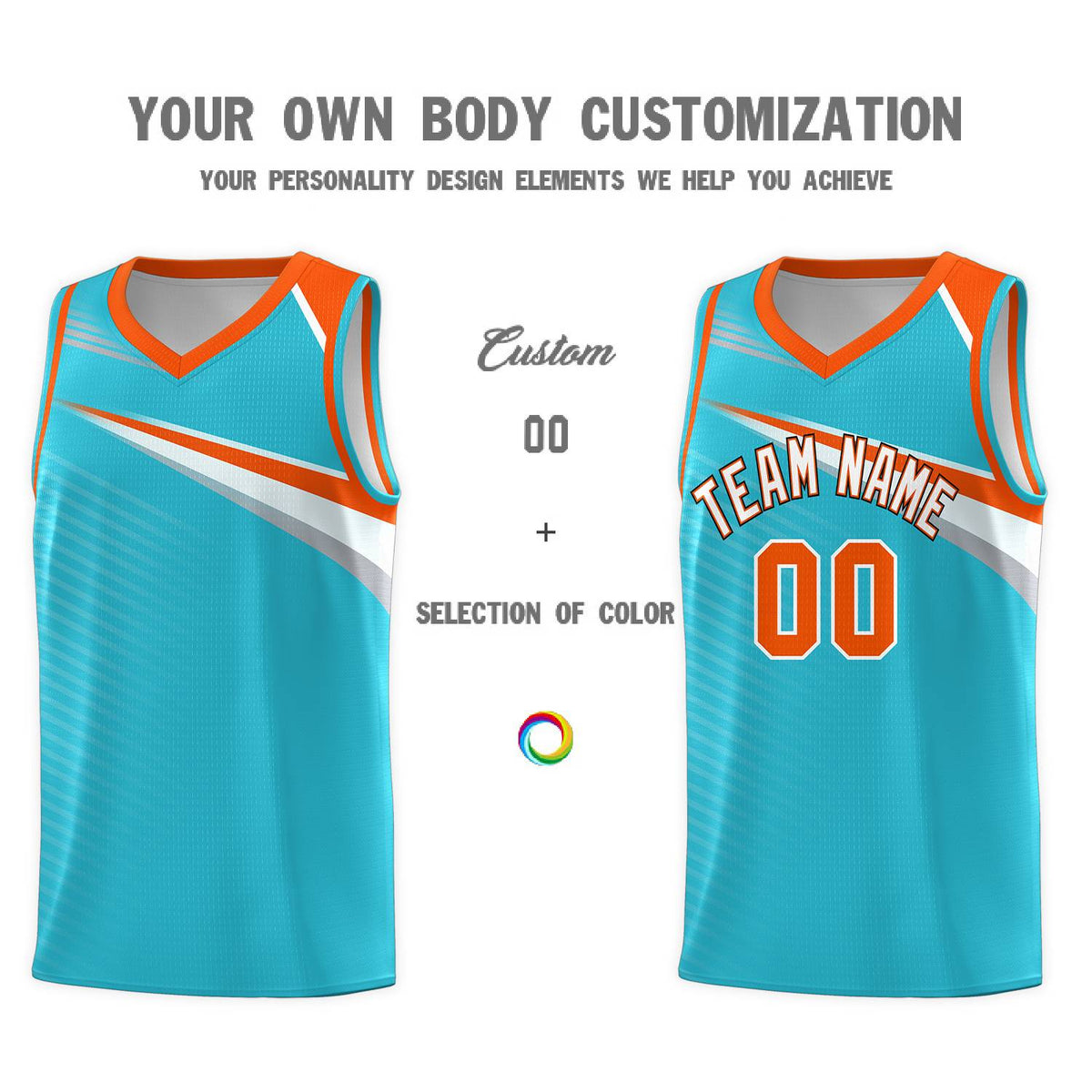 Custom Light Blue White-Orange Chest Color Block Sports Uniform Basketball Jersey