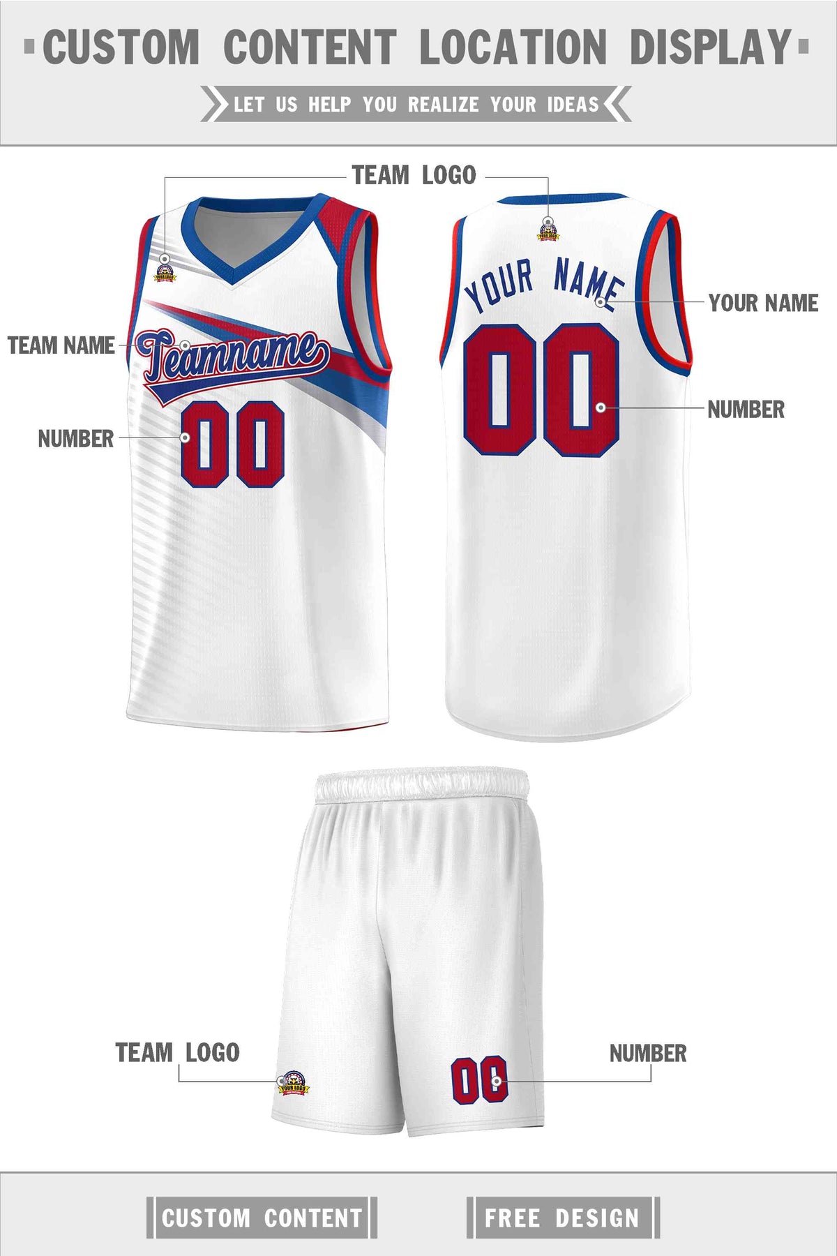 Custom White Royal Chest Color Block Sports Uniform Basketball Jersey