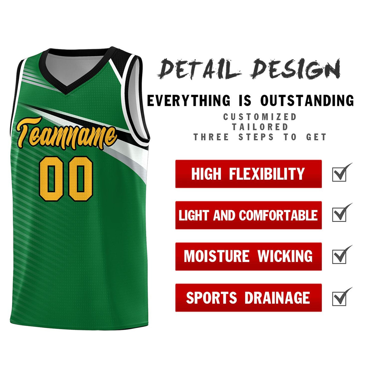 Custom Kelly Green Gold-Black Chest Color Block Sports Uniform Basketball Jersey