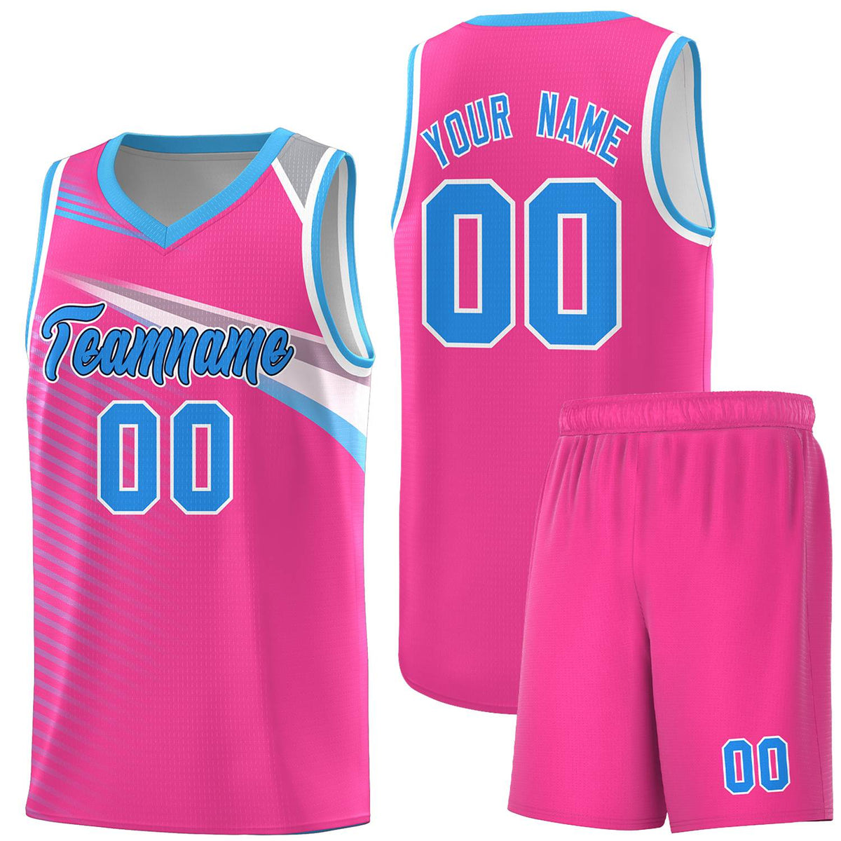 Custom Pink Powder Blue-Navy Chest Color Block Sports Uniform Basketball Jersey