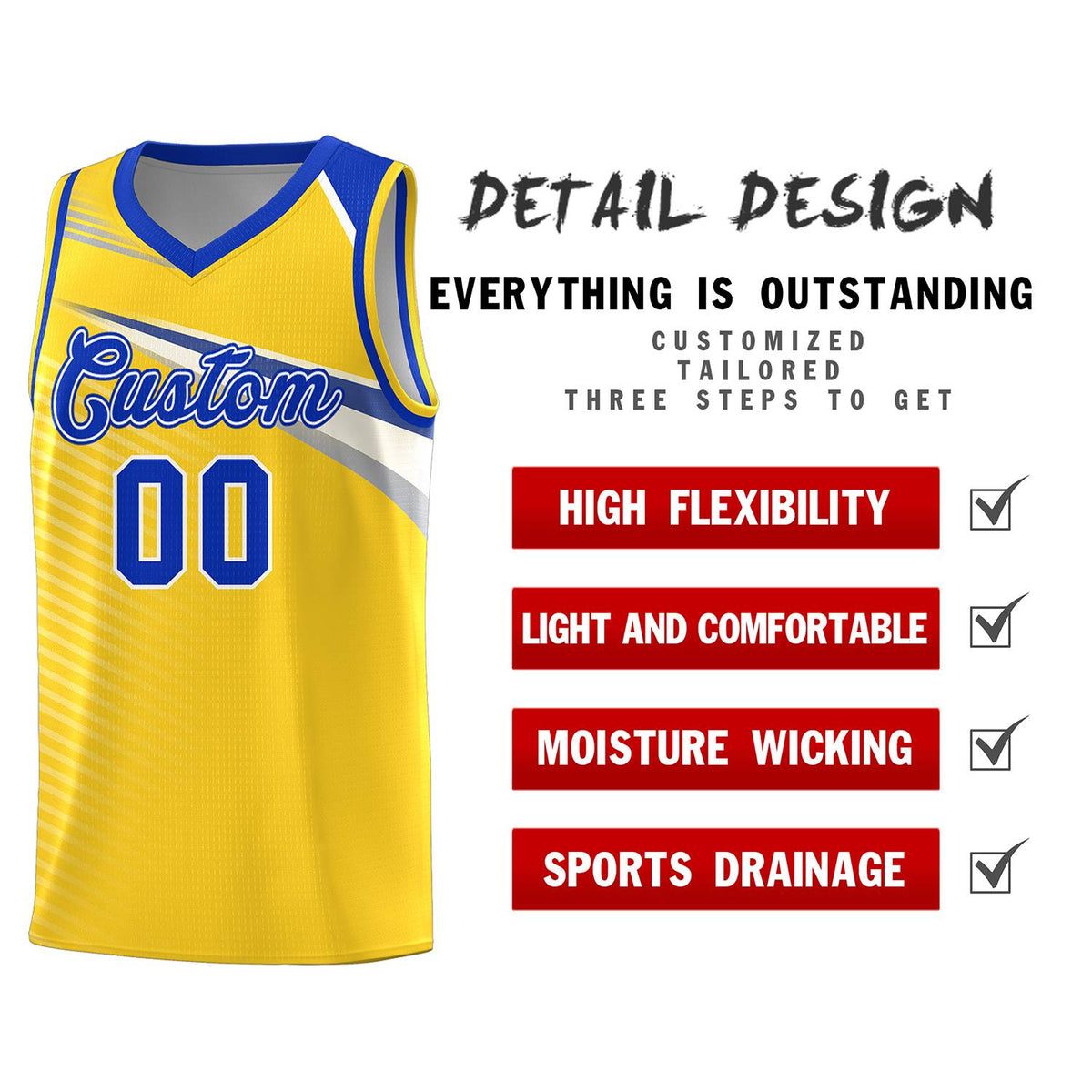 Custom Gold Royal-White Chest Color Block Sports Uniform Basketball Jersey