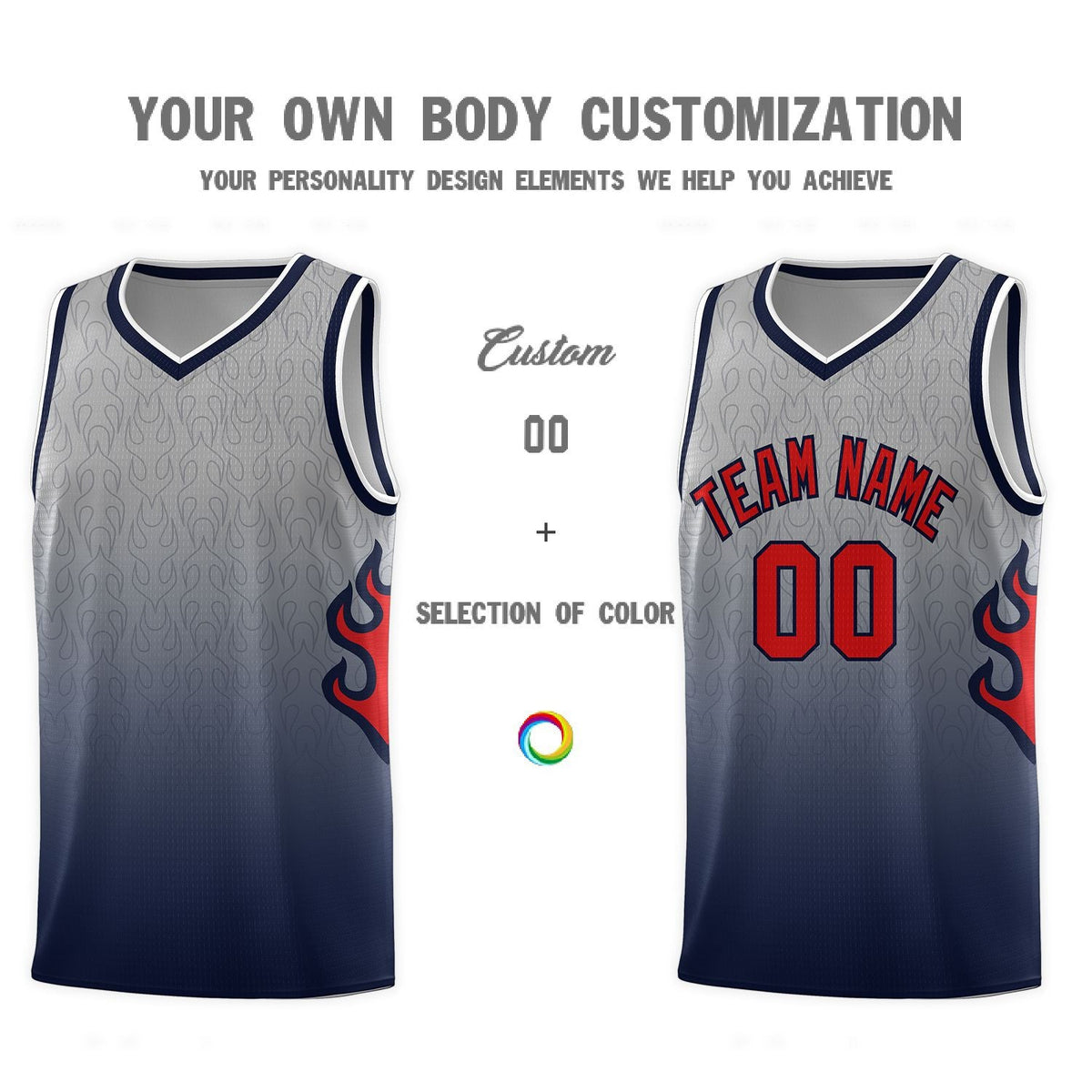 Custom Gray Navy-Red Flame Gradient Fashion Sports Uniform Basketball Jersey