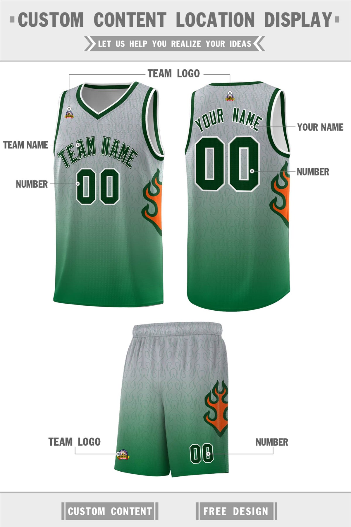 Custom Gray Kelly Green-Green Flame Gradient Fashion Sports Uniform Basketball Jersey