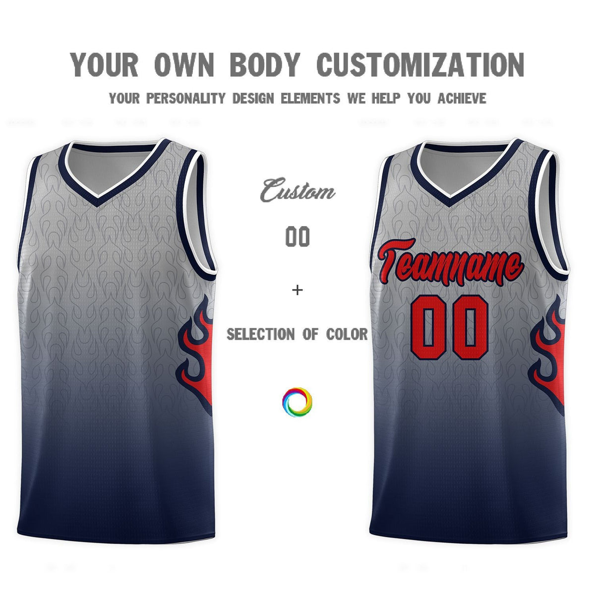 Custom Gray Navy-Red Flame Gradient Fashion Sports Uniform Basketball Jersey