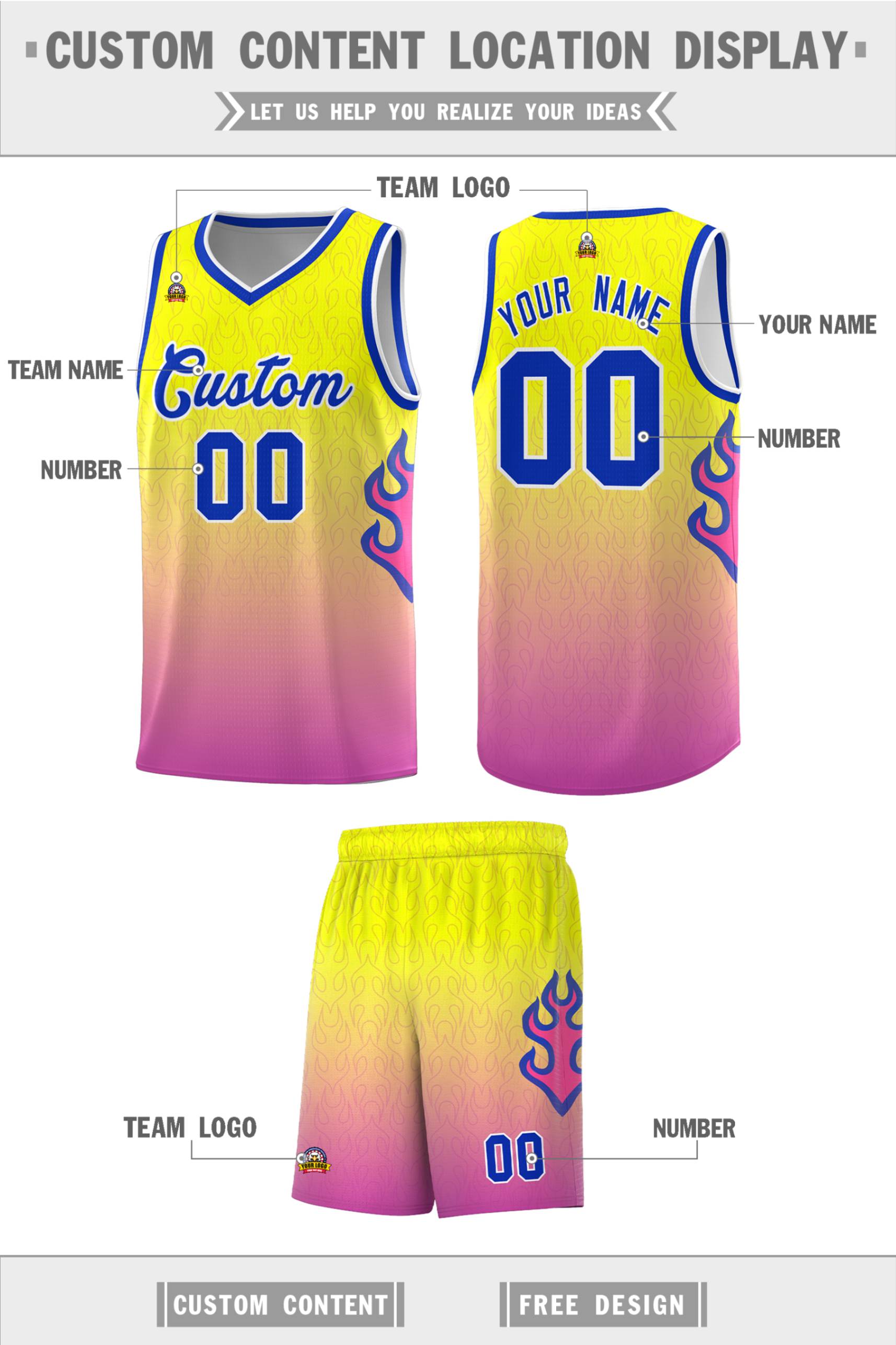 Custom Orange Pink-Royal  Flame Gradient Fashion Sports Uniform Basketball Jersey